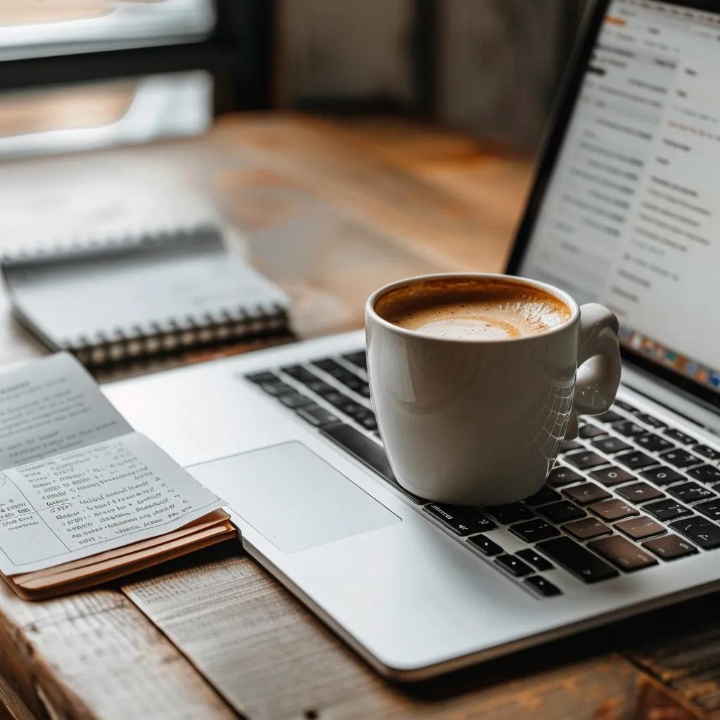 Workspace with laptop and coffee, symbolizing email marketing for boat rentals