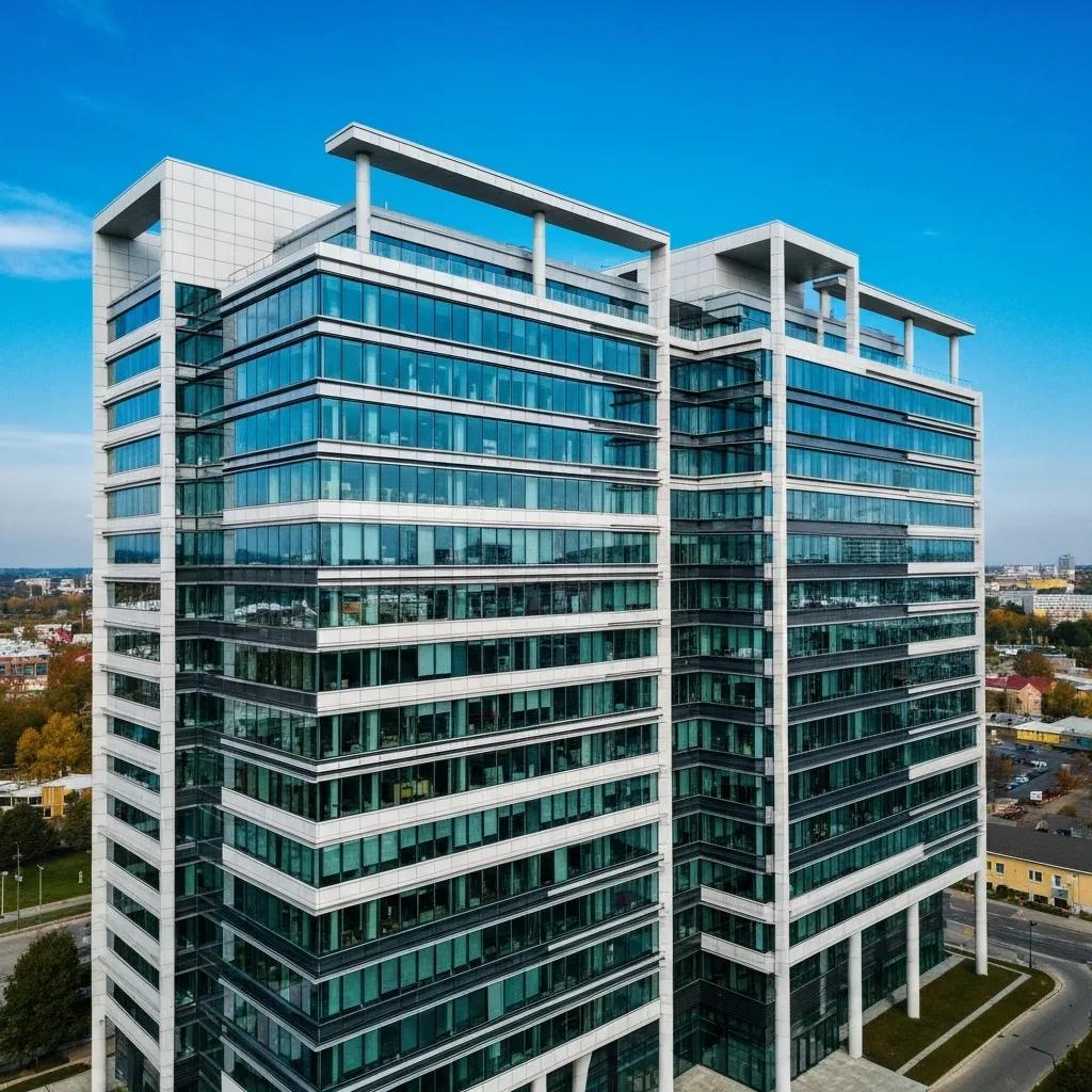 Modern glass office building with multiple floors and balconies, symbolizing innovation and efficiency in business, relevant to AI-powered booking systems for boat charters.